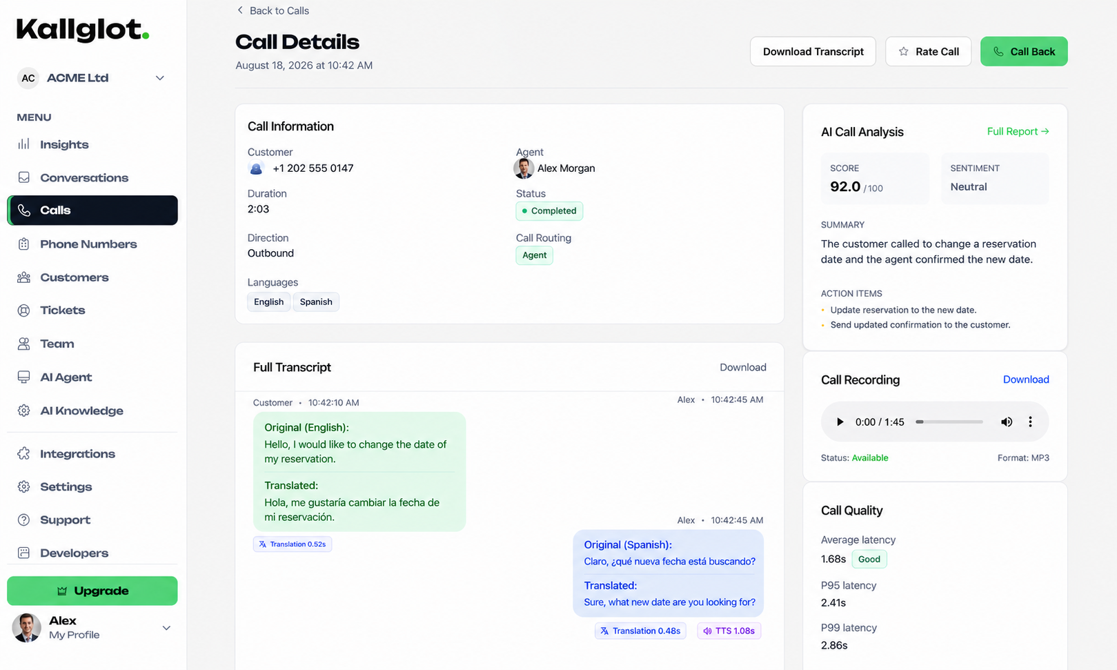 Kallglot translated call details and AI analysis with fictional customer demo data