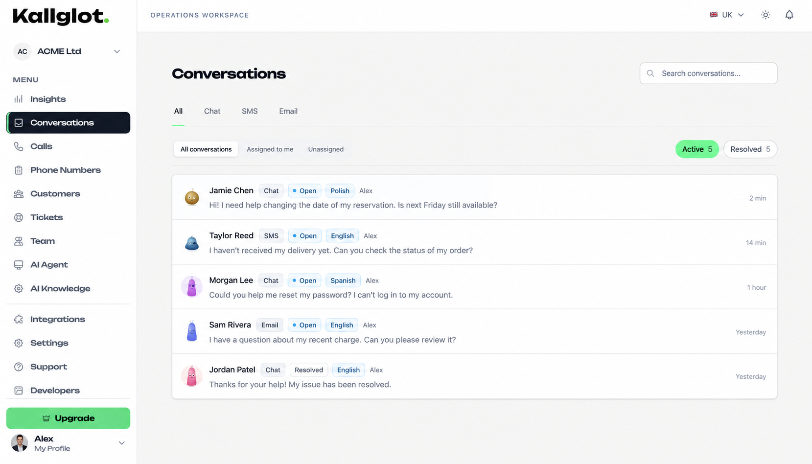 Kallglot conversations workspace with fictional customer demo data