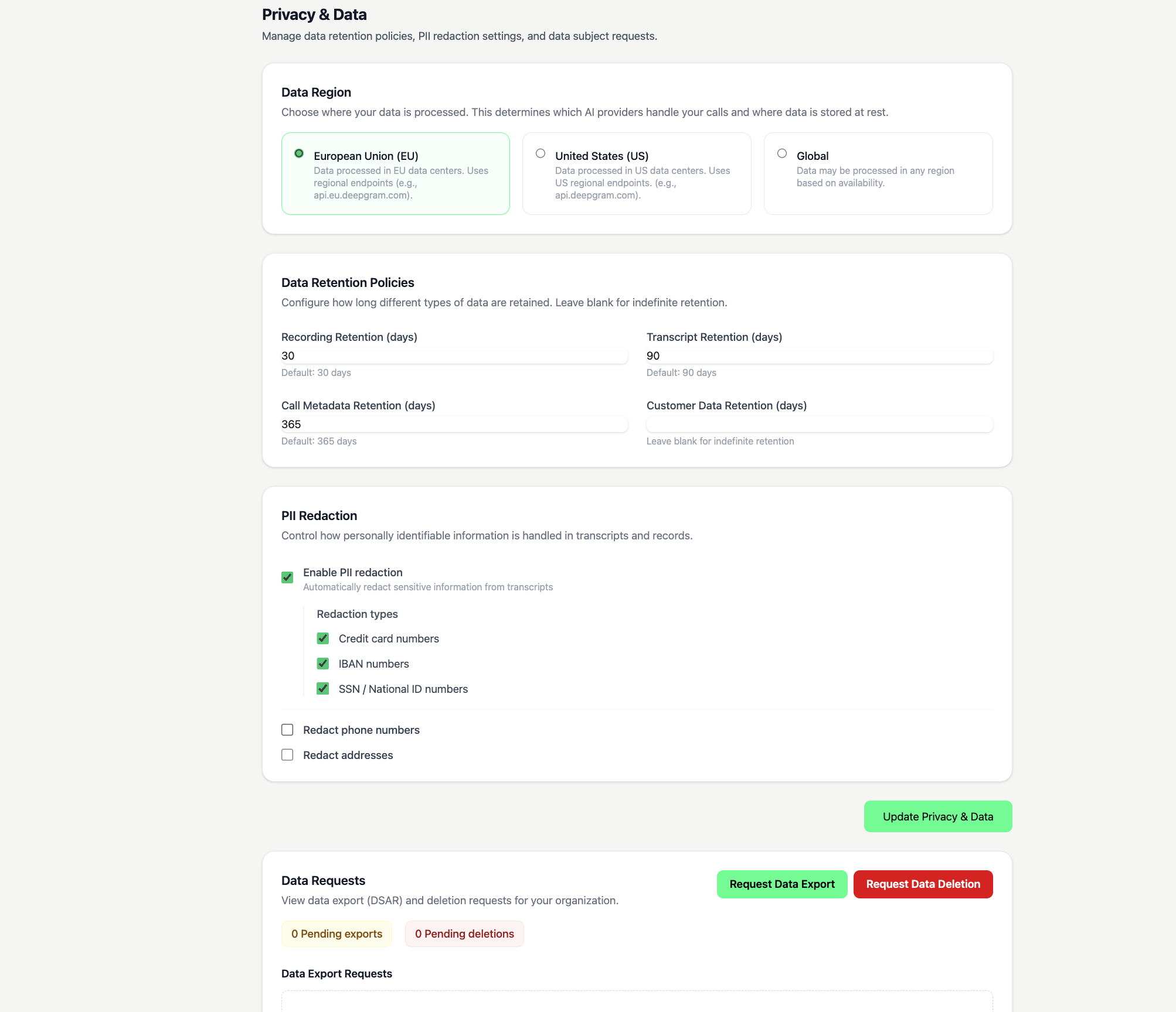 Kallglot privacy, data residency, retention, and PII redaction controls